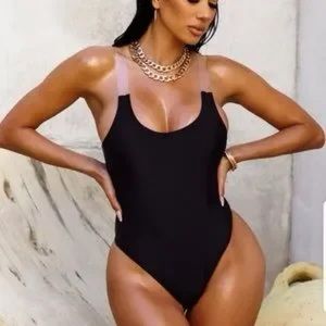 Matte Swim Black One Piece Plus Swimsuit with Clear Straps Size L